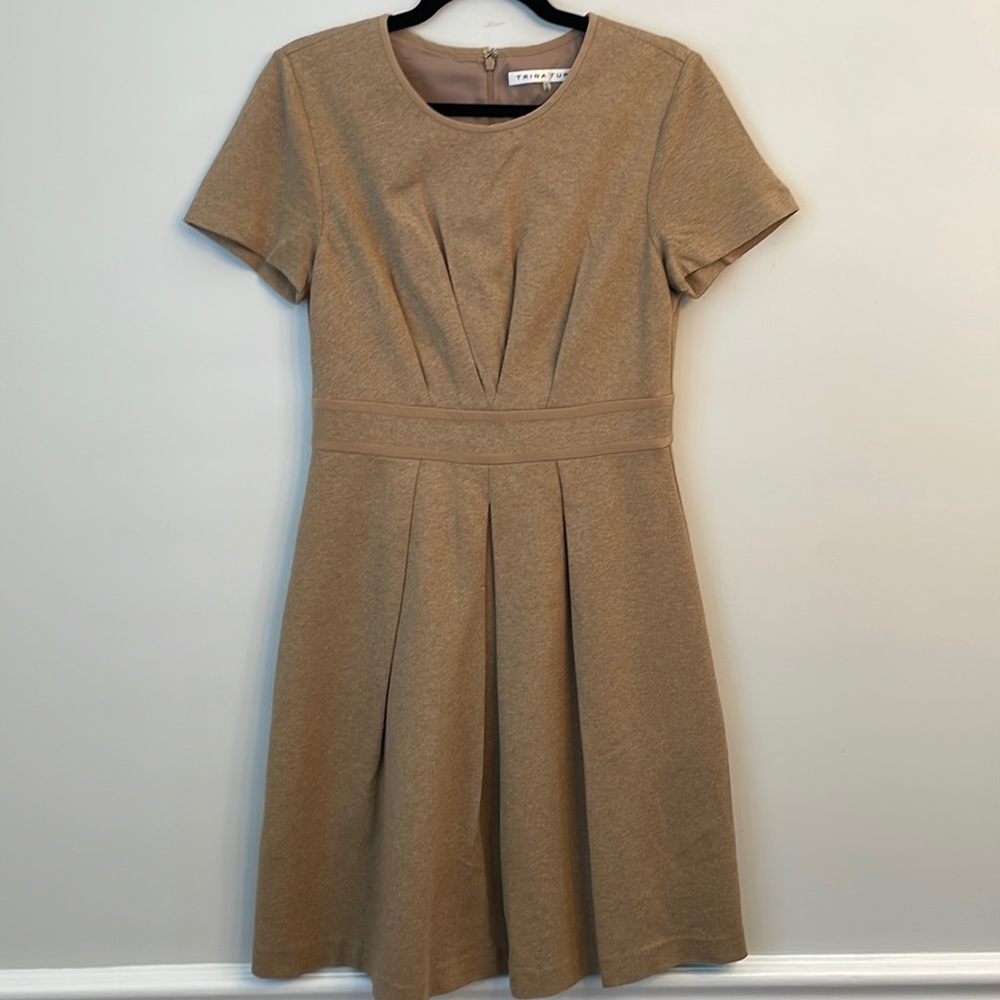 Trina Turk, Size 8, camel colored dress with beautiful pleated details
